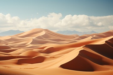 Sand dunes, mountains, and a vast desert landscape under a cloudy sky