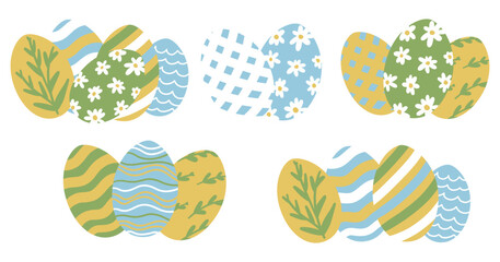 Set of Easter Egg Border. Different Painted Easter Eggs Collection. Cute Aesthetic Colorful Elements. Holiday Vector Illustration. Hand Drawn Childish Cartoon Style. Isolated on White Background