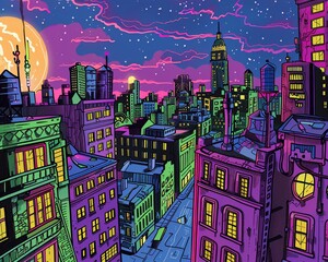 Psychedelic scene of a cityscape at night, in the style of minimalist line art, appropriation artist, funk art,
