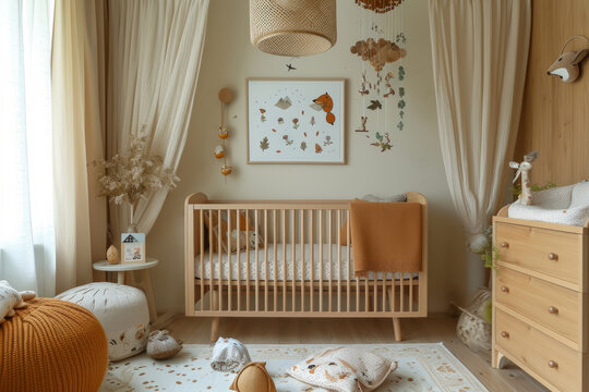 Interior of baby room with cot, armchair and toys