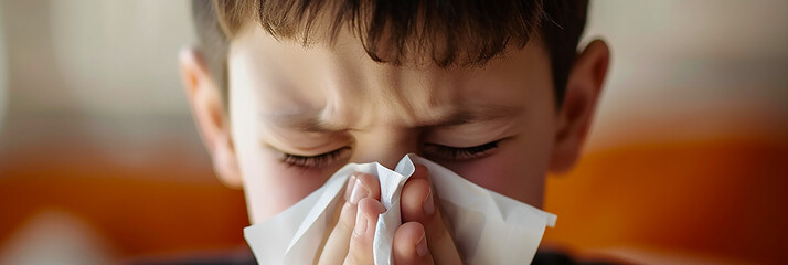 Boy sniffing nose with tissue. - obrazy, fototapety, plakaty