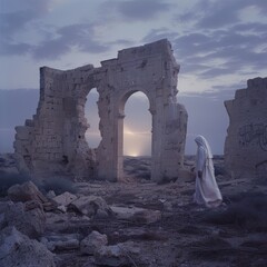 A woman walks through a solitary archway amidst ruins, with the sun setting in the distance, evoking reflection and history.