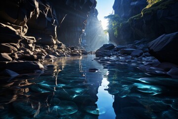Water flows through the canyon surrounded by rocks in a dark jungle setting