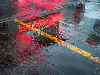 The red neon glow of a city sign is reflected on the wet street surface, dotted with raindrops under a twilight sky.