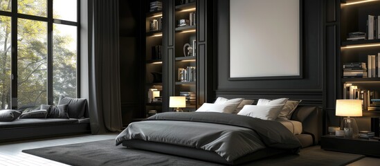 Modern luxury bedroom with black walls, large bed, bookcases, window, and framed poster. Blank wall.
