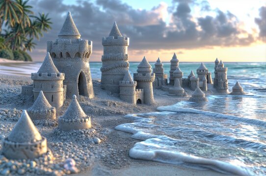 Sandcastle on the beach at sunset.