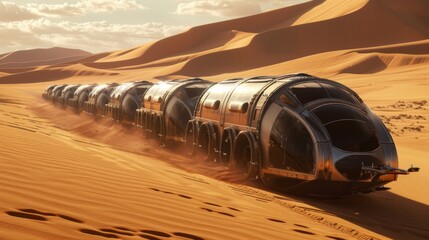A convoy of wheel-less hover caravans surfs the dunes in a surreal desert, mirages and heat-resistant technology making for an unforgettable crossing