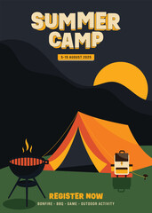 Summer camping poster template design with camping element flat design style