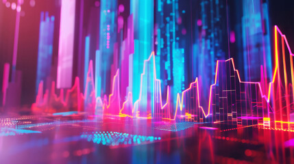 Immerse in a surreal financial landscape with a glowing 3D graph, neon accents illuminating futuristic trends and patterns