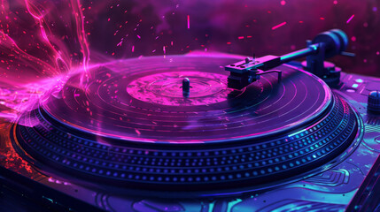 Fototapeta na wymiar Realistic turntable at the epicenter of a digital tornado, spiraling notes enveloped in neon color splashes, set in a futuristic virtual landscape