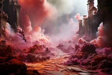 Foto op Plexiglas A castle painting with swirling smoke and rocky landscape under dramatic sky © yuchen