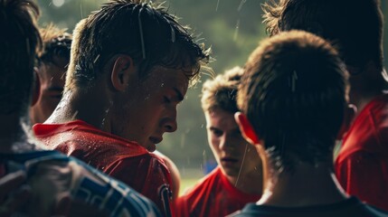 Sweat glistening on the foreheads of players as they huddle together strategizing.