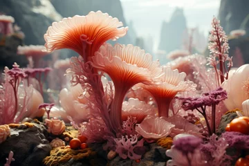 Poster Flowerlike organisms blooming on underwater coral reef rock © yuchen
