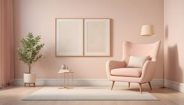 Minimalist composition of living room with picture frame and retro armchair. tone on tone. pastel. pink, baby blue, soft color. 
