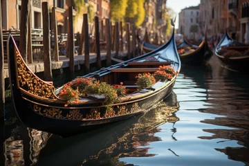 Raamstickers Gondolas lining a Venice canal, traditional Italian watercraft © yuchen