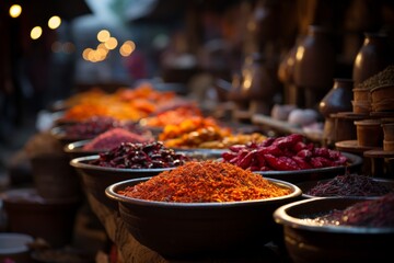 A line of spicefilled bowls decorating the food market table