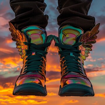 Winged sneakers against a sunset sky, low angle, golden hour, vibrant hues, Psychedelic funk art