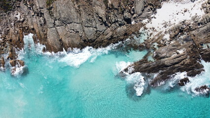 Aerial picture of rocky coastal beach in Bremer Bay, south west Australia. Drone view of rocks,...