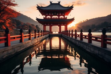Chinese architecture temple reflecting in lake water at sunset