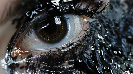 A closeup of a ferrofluidcovered eye the dark liquid dripping down the subjects cheek in intricate patterns giving the illusion of tears.
