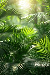 Dense tropical foliage, ferns and palm trees basking in the radiant sunlight, vibrant green8k