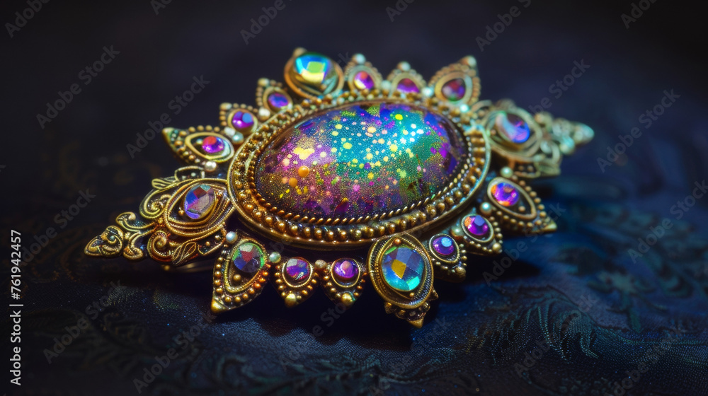 Poster an ornate brooch sparkles with tiny crystals carefully filled with photoluminescent pigments creatin