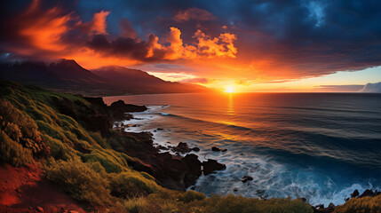 Obraz premium Island Dreamscape: Golden Shores & Rainforests Meet Haleakalā's Glow