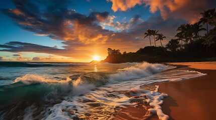 Hawaiian Majesty: Sunrise Ignites Turquoise Waters & Lush Landscapes - obrazy, fototapety, plakaty