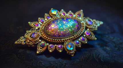 An ornate brooch sparkles with tiny crystals carefully filled with photoluminescent pigments creating a dazzling effect when exposed to UV light. - obrazy, fototapety, plakaty
