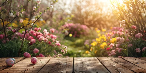 Easter eggs on wooden table with a blurred spring meadow background