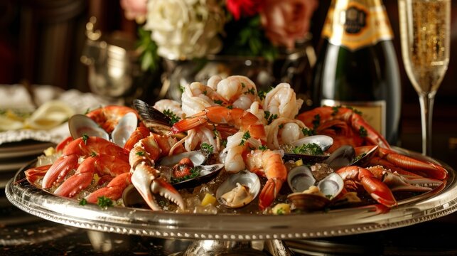 A closeup of a silver platter b with juicy jumbo shrimp cocktail buttery crab legs and steaming clams served with a chilled bottle of bubbly champagne. A feast fit for royalty.