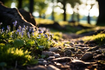 Close up of a woodland path with colorful flowers and rocks