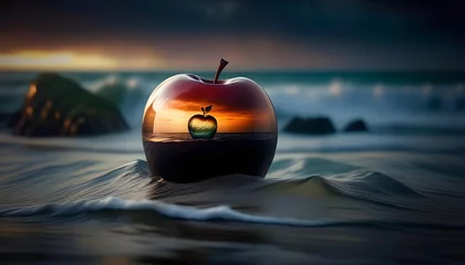 Fotobehang A glass apple with a stormy sea inside, creating a double exposure effect © Iqra