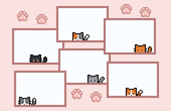 Cute design 6 photos booth strip cat or kitty and paw templates in pixel art with pink background. 