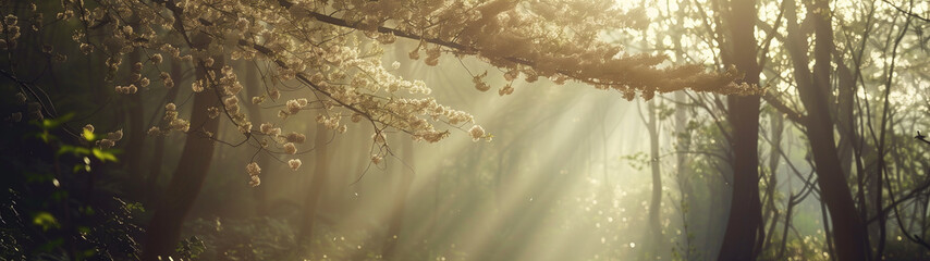 “Fragrance of Spring: A Sunlit Cherry Blossom Forest - obrazy, fototapety, plakaty