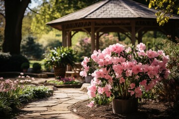 A pink flowerfilled gazebo stands in a garden landscape