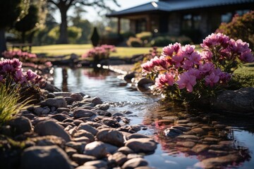 Obraz na płótnie Canvas A watercourse flows through a garden with pink flowers and rocks