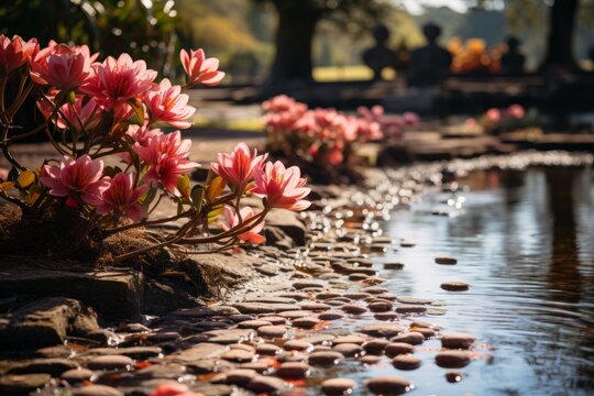 Water flows with flowers on the shore and rocks in the stream