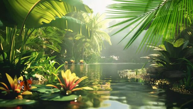Tropical River Serenity: Blossoms and Butterflies Dance Along the Banks
