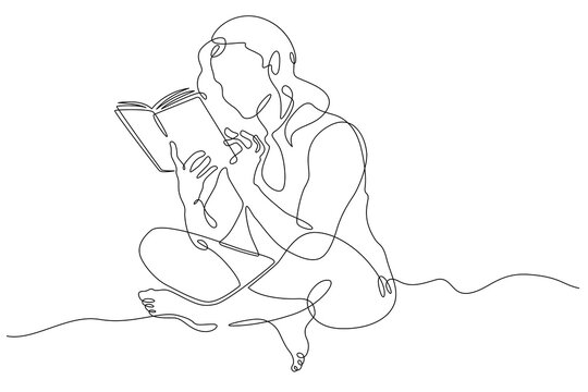recommend clip art: A woman is reading a book. The female character is reading. Student with a textbook.Education and knowledge. Open book. One continuous line . Line art. Minimal single line.White background. One line d
