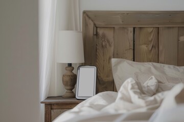 Fototapeta na wymiar Close up of rustic bedside table lamp near bed with wood headboard. French country, farmhouse, provence interior design of modern bedroom.