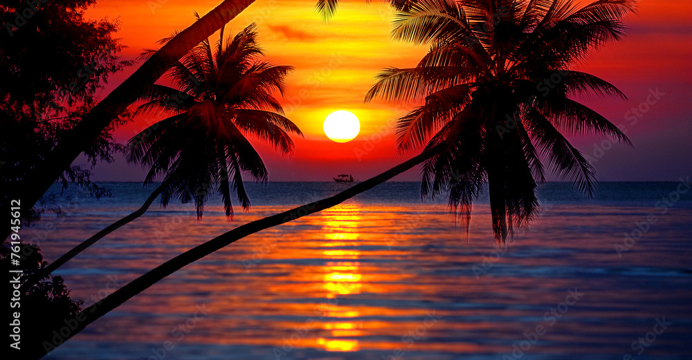 Wall mural sunset on tropical island sea beach panorama, ocean sunrise panoramic landscape, palm tree leaves si - Wall murals