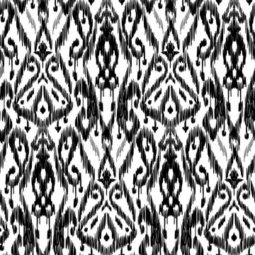Seamless Ikat Pattern. Abstract black and white background for textile design, wallpaper, surface textures. ATLAS ADRAS ABAYAS