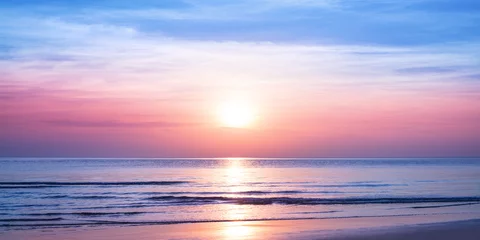 Acrylglasbilder Sonnenuntergang am Strand Sunrise on tropical island sea beach panorama, calm ocean sunset landscape, soft pink sky, peaceful morning dawn panoramic view, yellow sun reflection, blue water waves, summer holidays, vacation   © Vera Shestak