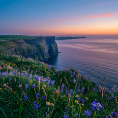 Dreamy Sunset over the Breathtaking Irish Coast Featuring Rolling Cliffs and a Silent Lighthouse