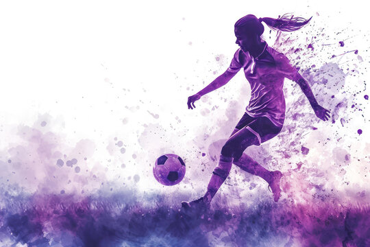Soccer player in action, woman purple watercolor with copy space