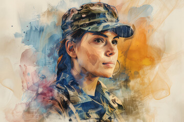 Army woman in colourful watercolor, concept: proud, independence, peace