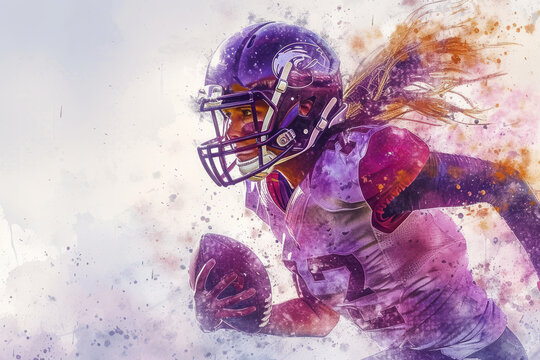 American football player in action, woman purple watercolour with copy space