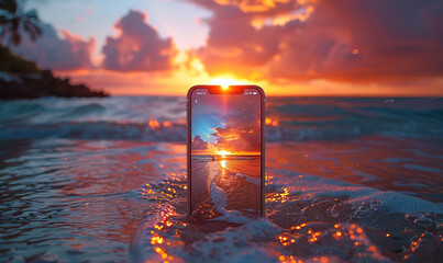Mobile capturing sunset at sea. Created with Ai