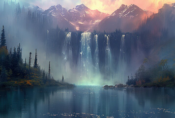 Beautiful mountain waterfall painting landscape scenery. Created with Ai - obrazy, fototapety, plakaty